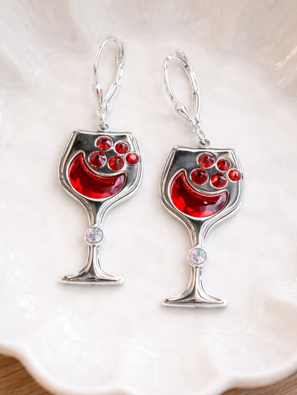 Handcrafted wine motif earrings with sparkly bright red crystal - Picture 5 of 5